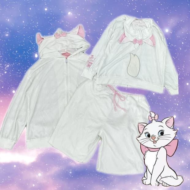 디즈니 MARIE 마리 파자마 고양이 코스튬 후드집업 셋업 리본 오네갸루