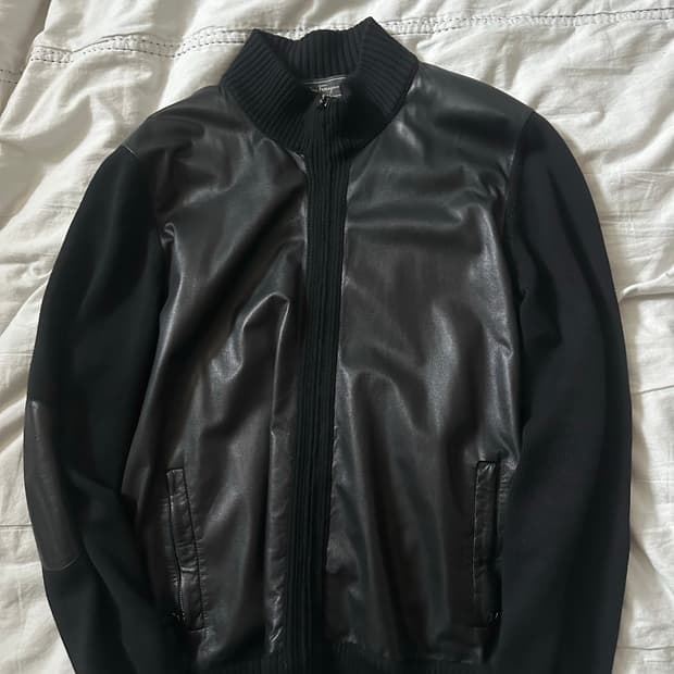 페레가모 블랙 레더 하이넥 디테일 자켓 XL