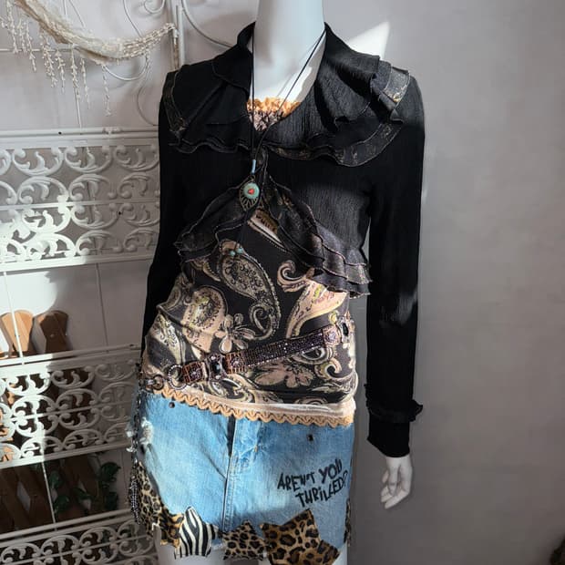 Black gold crop ruffle bolero cardigan 