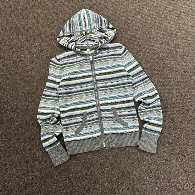 L)Japanese vintage 여성 멀티 스트라이프 패턴 니트 후드집