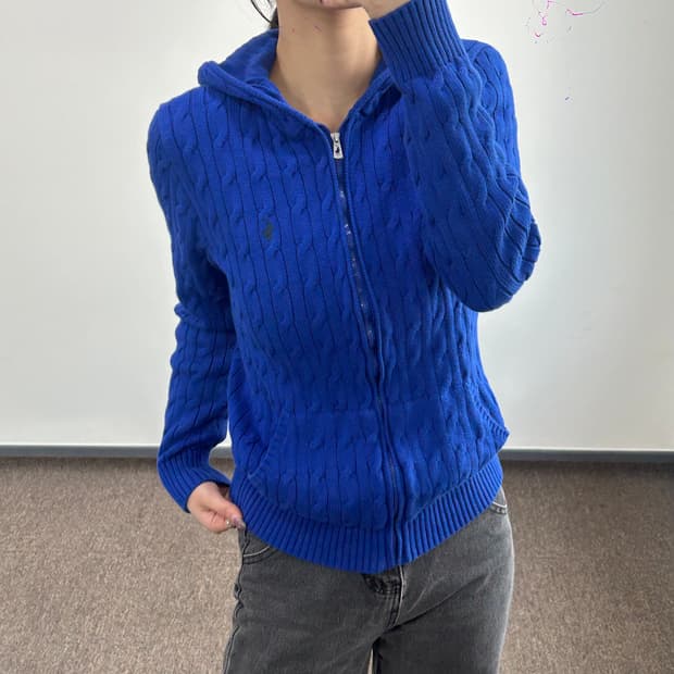 Polo 폴로 블랙포니 딥블루 케이블 니트 후드집업