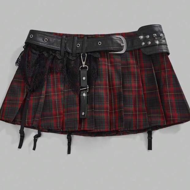펑크 레이스 체크 벨트 스커트 레드 블랙 