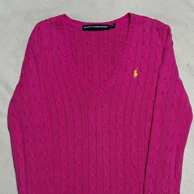 XS 폴로랄프로렌 여성용 브이넥 핑크 케이블 니트