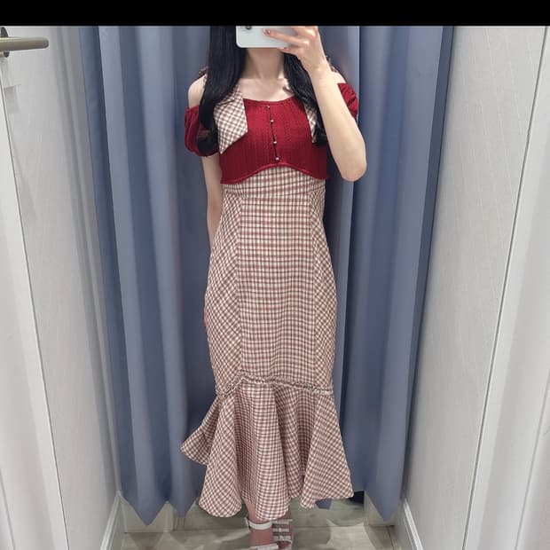 에블린 릴리 에뮬리 체크 빅 리본 머메이드 반팔원피스 베이지블랙 스나계