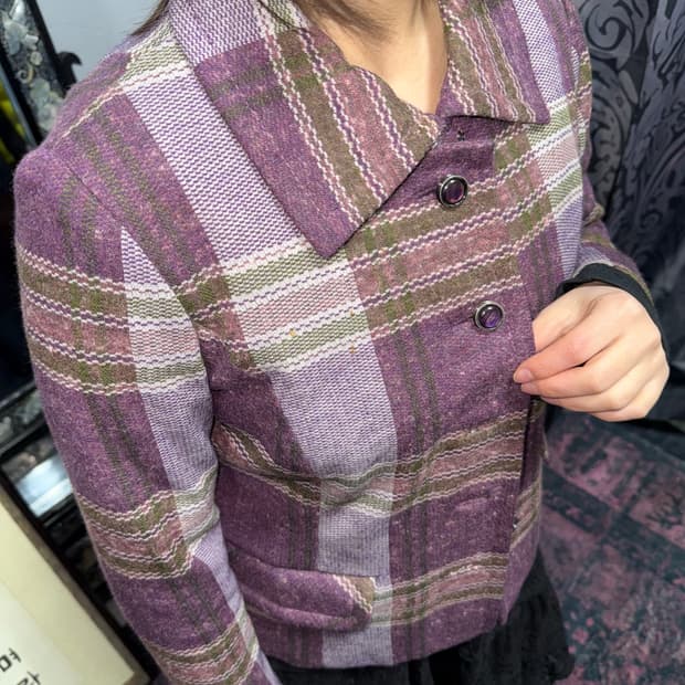 빈티지 퍼플 체크 엔틱단추 자켓