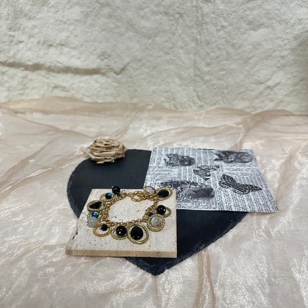 빈티지 wien 흑요석 백마노 중세 OT고리 팔찌