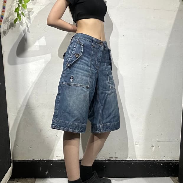 빈티지 중청 워싱 데님 버뮤다 팬츠 반바지 
