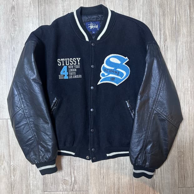 빈티지 스투시 빅 4 블랙 레더 바시티 자켓 L