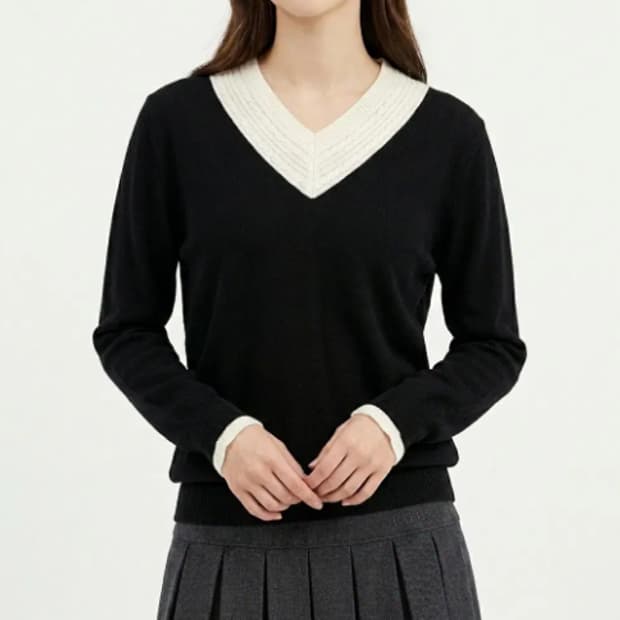 한섬 래트 바이 티 배색 브이넥 케이블 니트 블랙 90