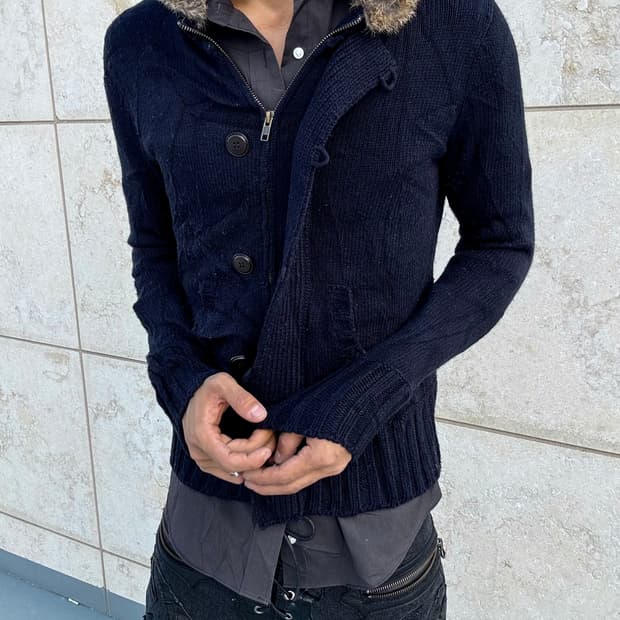 “Vintage” Navy Slim Fit Fur Hoodie Zip U