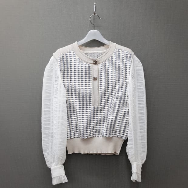 OBZEE 오브제 2021 시스루 슬리브 체크 니트 82-94-160