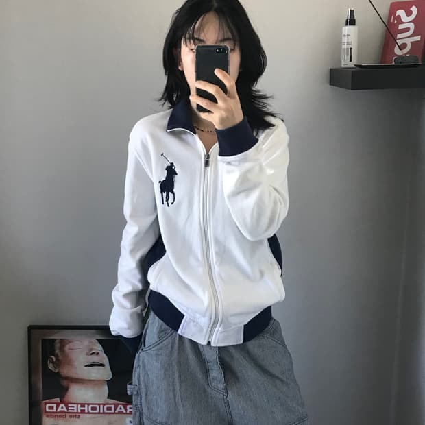 대장급 폴로 랄프로렌 빅포니로고 화이트 네이비 코튼 집업 