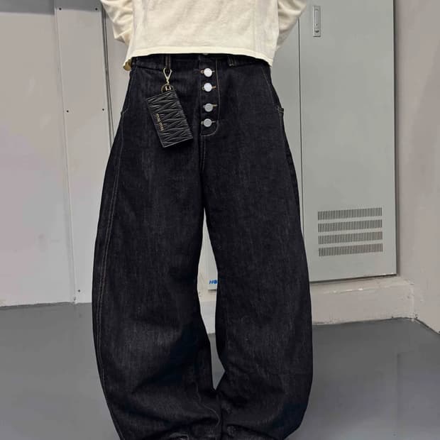 스팁 80s 페이크 버튼플라이 커브드 데님