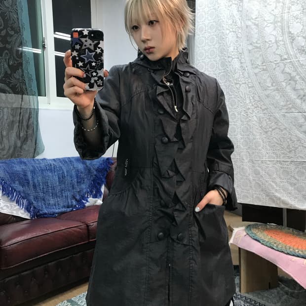 빈티지 여성 프릴 버튼 디테일 롱 코트 자켓 