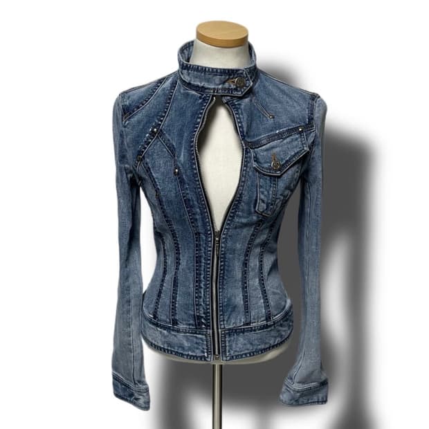 하이넥 청 데님 슬림핏 자켓