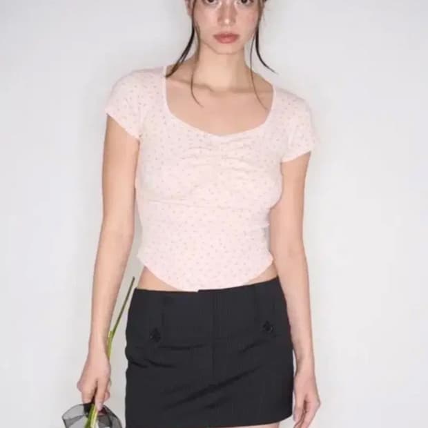 (옷장 정리) 플리즈노팔로우 데이지 레이스 셔링 탑 핑크