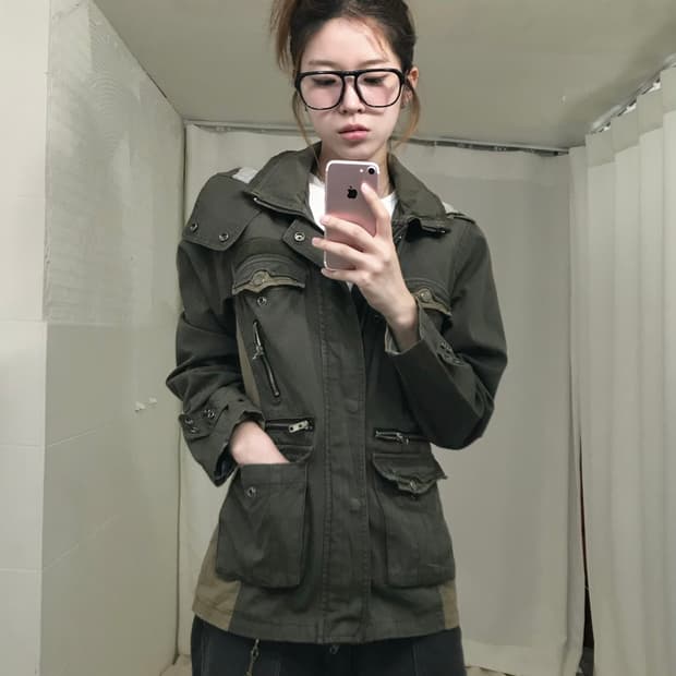 빈티지 딥 카키 브라운 배색 사파리 야상 자켓