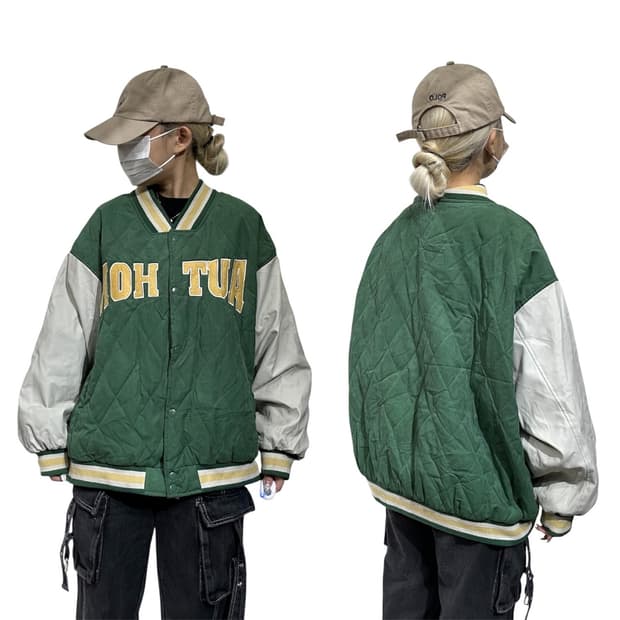 일본 빈티지 그린 오버핏 퀼팅 봄버 바시티 자켓 L