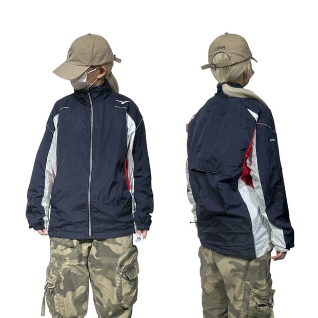 미즈노 네이비 화이트 사이드 라인 바람막이 자켓 M