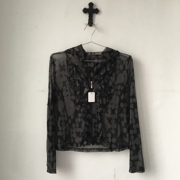 Dot pattern mixed frill hood mesh zip up