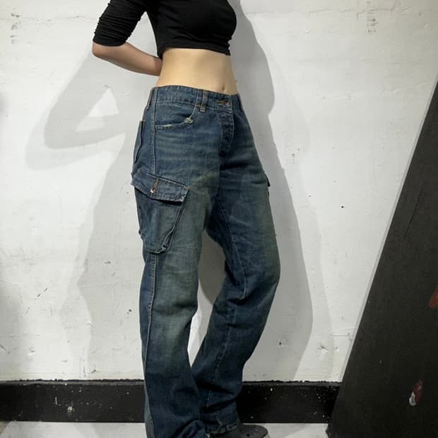 빈티지 중청 와이드 포켓 포인크 카고 워싱 팬츠 데님 팬츠 청바지 M