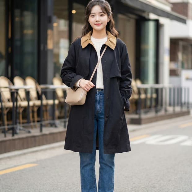 [Doho] 도호 셔링 카라 배색 트렌치 코트