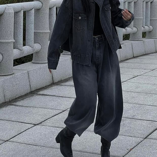 트리밍버드 원버튼 데님 셋업 자켓 흑청(구버전)