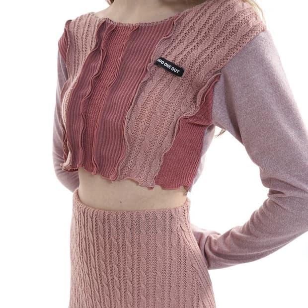 오드원아웃 패치워크 니트 크롭 핑크 y2k 빈티지 긴팔 티셔츠 보헤미안