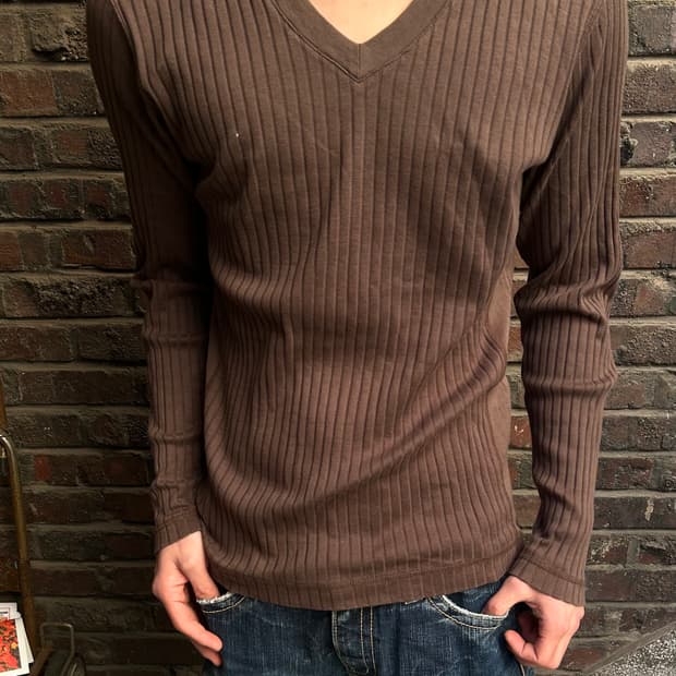 2000s JPN 그런지 브라운 스트라이프 롱슬리브 