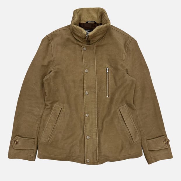 beige ribbed collar zip-up jacket