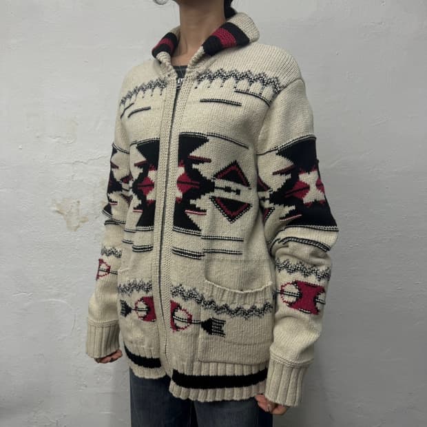 아메리칸이글 아이보리컬러 나바호 패턴 코튼 코위찬 니트 집업 가디건