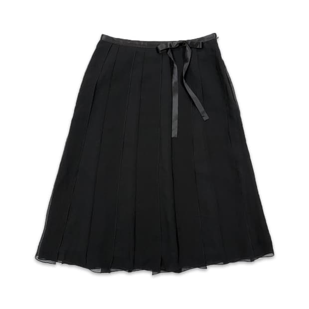 빈티지 KUMIKYOKU 블랙 리본 플리츠 미디 스커트