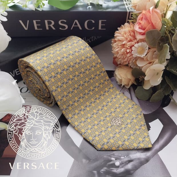 베르사체 실크 머스타드 패턴 넥타이 8.5cm A+등급 K1968