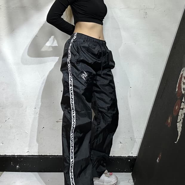 90s 일본 빈티지 블랙 와이드 사이드 라인 트랙 트레이닝 팬츠 M 