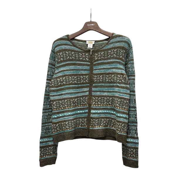 USA VINTAGE 니트 집업 가디건 노르딕 패턴 비즈 디테일 민트