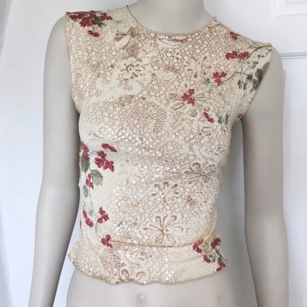 Bebe Sheer Sequin Floral Tank Top