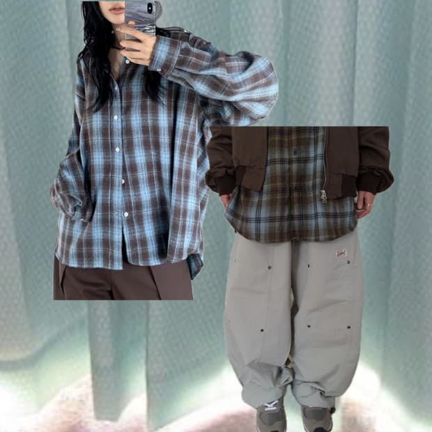 민초 셋업 코디 체크셔츠 그레이나일론팬츠