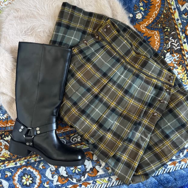 빈티지 사이드 버튼 디테일 타탄체크 플리츠 롱 스커트 치마