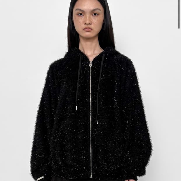 GLITTER FURRY ZIP-UP HOODIE, BLACK
