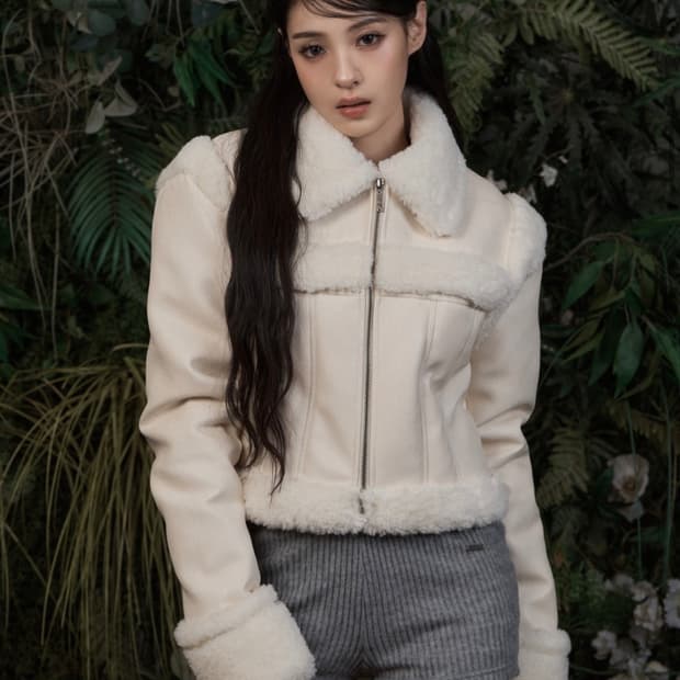 카키포인트 스티치 퍼 무스탕 아이보리