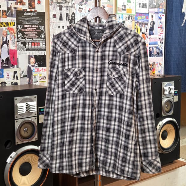 JPN 레터링 자수 후드 체크 셔츠