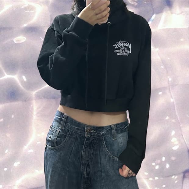스투시 커스텀 크롭 후드티 블랙 L