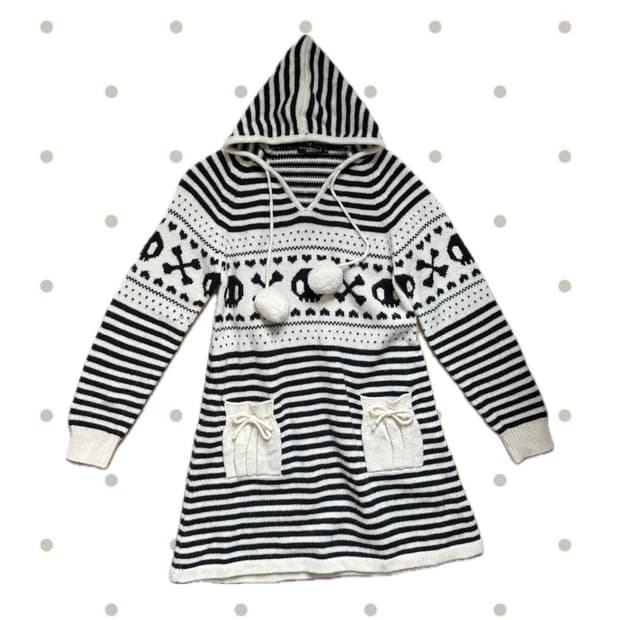 일본빈티지 후드 니트 원피스 해골 블랙 화이트 스트라이프 펑크