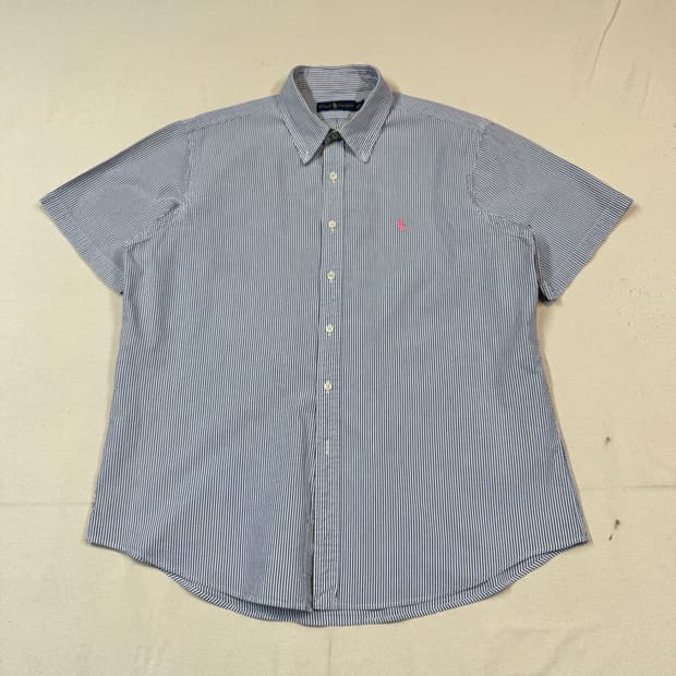 XL) 폴로 랄프로렌 클래식핏 블루 화이트 시어서커 반팔 셔츠