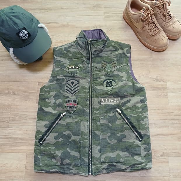 밀리터리 개구리 카모 패딩 조끼 양면 깔깔이 자켓