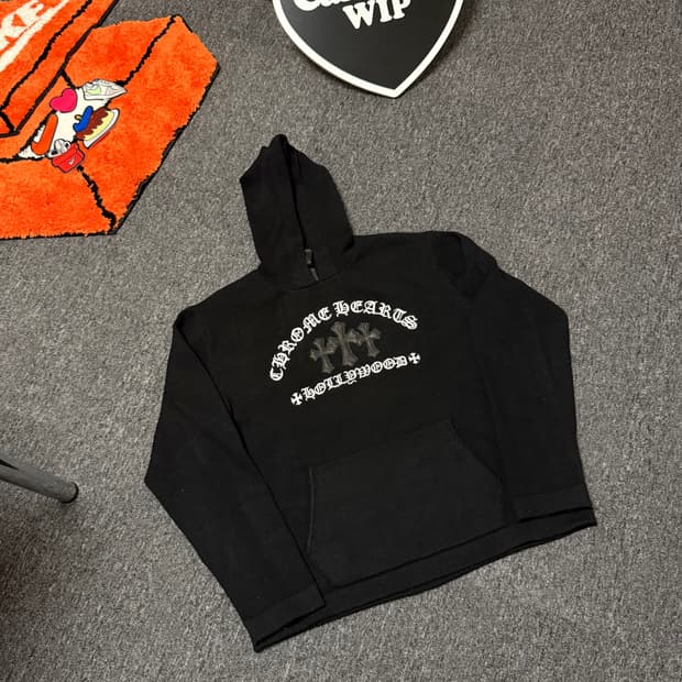 [XL] 크롬하츠 세메터리 크로스 레더 패치 캐시미어 후드 니트 블랙