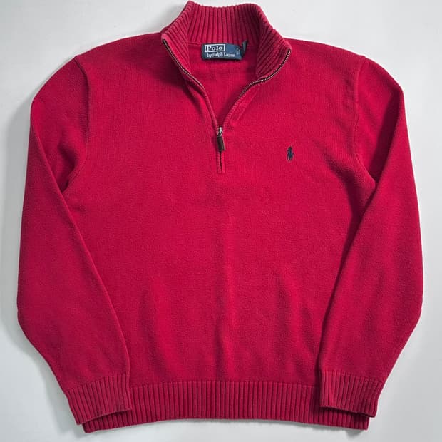 폴로 랄프로렌 레드 코튼 니트 반집업