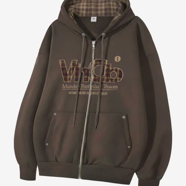 MRT 체크 아플리케 후드집업_모카무스