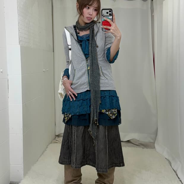 청록 하구미 히피 모리걸 잔꽃 원피스 흑청스커트 코디세트