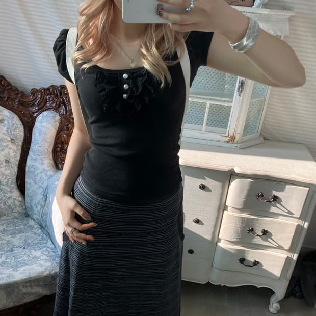 일본빈티지 로걀 레이스 퍼프 딱붙 반팔